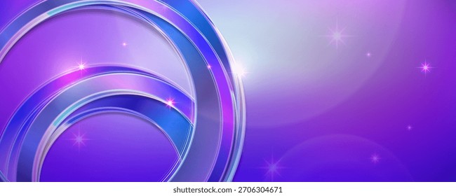 Fondo abstracto púrpura y azul con brillantes anillos metálicos y destellos