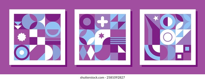 Purple and blue abstract geometric Bauhaus pattern set. Use for card, postcard, poster, backdrop, advertisement. 

