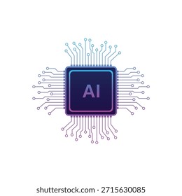 Purple and blue AI microchip with circuit connections, artificial intelligence technology logo icon design vector art isolated on a white background.