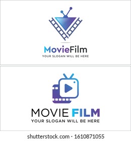 Purple blue antenna television filmstrip and triangle play button icon symbol modern logo vector suitable for entertainment arts movie business company technology digital studio web
