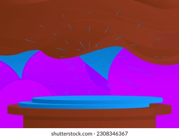 Purple, Blue and Brown 3D room. Vector product display. Mockup cylinder pedestal podium. Futuristic Stage showcase for presentation. Abstract minimal geometric forms, empty scene.