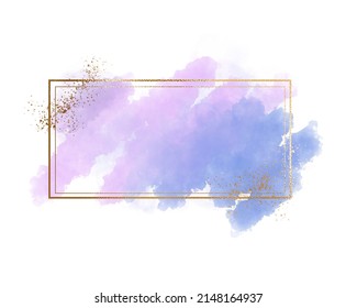 Purple and blue brush stroke watercolor with gold glitter and golden rectangle  frames.