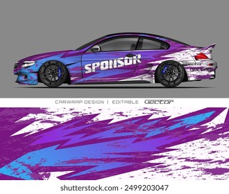 Purple and blue car wrap design with sponsor text. Great for showcasing sponsorship on race cars or promotional vehicles.