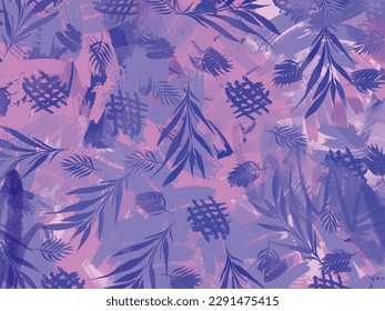 Purple and blue colored abstract leaves and brush strokes vector background isolated on horizontal landscape template. Vector wallpaper backdrop for social media post, poster, scarf or textile prints.