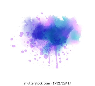 Purple and blue colored splash watercolor paint blot - template for your designs. Grunge painted imitation splash background.