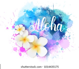 Purple and blue colored watercolor splash with frangipani tropical flowers and calligraphy message "Aloha". Handwritten modern calligraphy text.