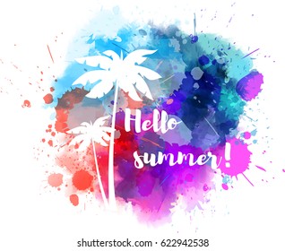 Purple and blue colored watercolor splash with palm trees and calligraphy message "Hello summer"