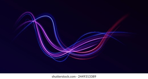 Purple and blue curve lines, cyber technology, fiber optic, isolated design element on dark transparent background. Electric wavy trail. Neon lines of speed and fast wind. Vector.	
