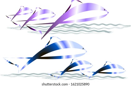 purple and blue dolphins with white in three pieces on a background of waves