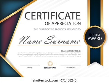Purple blue Elegance horizontal certificate with Vector illustration ,white frame certificate template with clean and modern pattern presentation