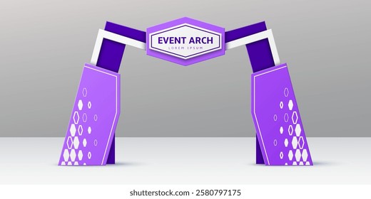 Purple and blue event arch, realistic 3d vector exhibition entrance or entry featuring a bold violet and white color scheme with hexagonal patterns and central signage area. Modern arc gate frame