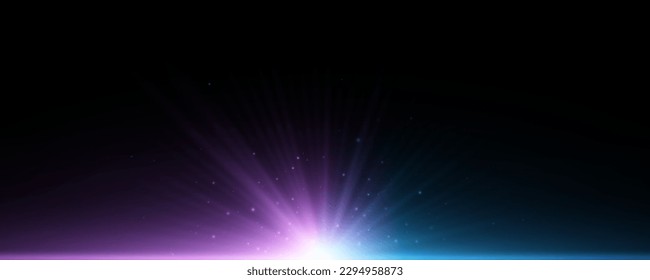 Purple and blue flash with bright rays and flying glowing dust isolated on black background. Colorful backlight. Vector illustration. EPS 10