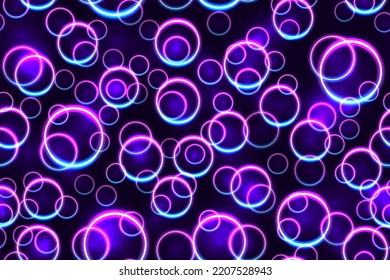 Purple And Blue Floating Neon Cricles Seamless Pattern. Glowing Blacklight. Futuristic Led Frames Abstract Background. Night Party Energy Backdrop. Mobile Screens Motion