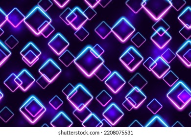 Purple And Blue Floating Neon Diamonds Seamless Pattern. Glowing Blacklight. Futuristic Led Frames Abstract Background. Night Party Energy Backdrop. Mobile Screens Motion