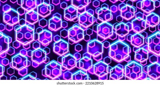 Purple And Blue Floating Neon Hexagons Seamless Pattern. Glowing Blacklight. Futuristic Led Frames Abstract Background. Night Party Energy Backdrop. Mobile Screens Motion