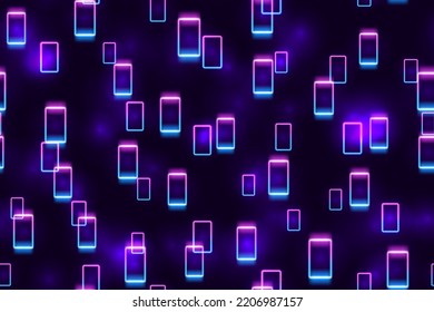 Purple And Blue Floating Neon Seamless Pattern. Glowing Blacklight. Futuristic Led Rectangular Frames Abstract Background. Night Party Energy Backdrop. Mobile Screens Motion