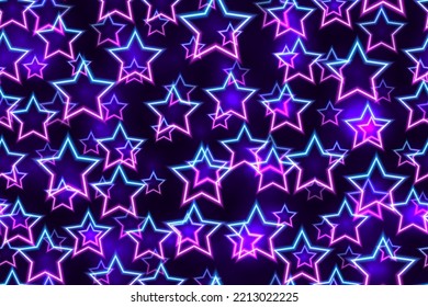 Purple And Blue Floating Neon Stars Seamless Pattern. Glowing Blacklight. Futuristic Led Frames Abstract Background. Night Party Energy Backdrop. Mobile Screens Motion