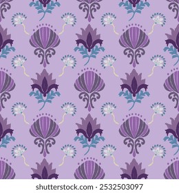 Purple and Blue Floral Thai Pattern with Lotus Motif on Lilac Background