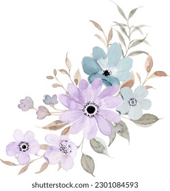 Purple blue floral watercolor bouquet for background, wedding, fabric, textile, greeting, card, wallpaper, banner, sticker, decoration etc.