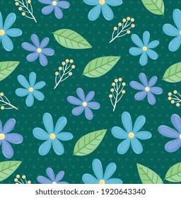 purple and blue flowers and leafs spring pattern vector illustration design