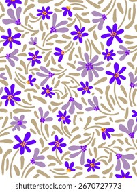 Purple and blue flowers and leaves patterns on white background for web banner, branding package, fabric print, wallpaper, social media post, doodle, notes, book covers, wall decor.