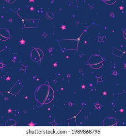Purple and blue galaxy seamless pattern with stars, planets and constellations. Repeat background with starry sky and glowing universe. Gradient texture with astrological clouds and nebulas.