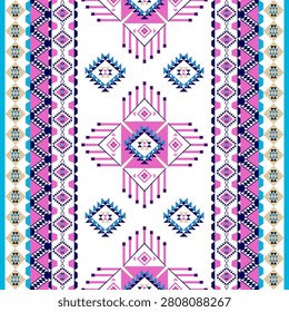 Purple and blue geometric ethnic boho seamless pattern on a white background. Tribal geometric print. Aztec vector background. Design for elaborate borders, wallpapers, fabric edges, and textiles.