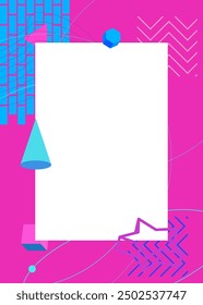 Purple and blue geometrical graphic retro theme background with place for text. Minimal geometric elements frame. Vintage abstract shapes vector illustration for advertising.