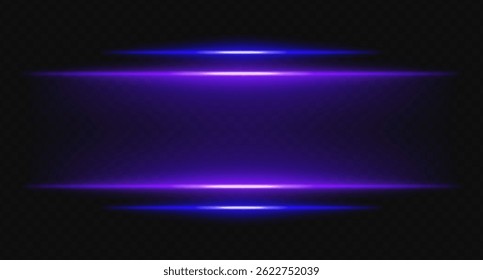 Purple and blue glowing horizontal beams on transparent background. Bright layered lights perfect for digital HUD, sci-fi UI borders, and visual accents.