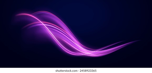 Purple and blue glowing wave swirl, impulse cable line. Abstract vector neon wave. Cyberpunk light trails in motion or light slow shutter effect. Bright sparkling background. Laser beams	
