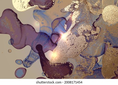 Purple, blue and gold abstract marble pattern with sparkles. Vector background in alcohol ink technique with glitter. Template for banner, poster design. Fluid art painting