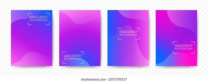 fondo de degradado morado y azul sobre fondo transparente (PNG). Plantilla de tamaño A4. Ilustración vectorial de 4 formas abstractas. 