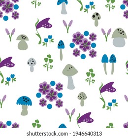 Purple, blue and green flowers and mushrooms vector illustration. Seamless pattern.