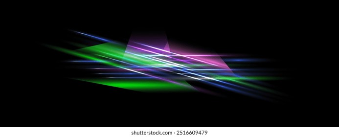 Purple blue green laser beam. Neon speed light ray, Glowing Parallel lines , explosions of Flash light. Vector Futuristic design elements, eps isolated on transparent background. 