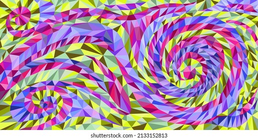 Las espirales moradas, azules y verdes se envuelven en diferentes direcciones. Fondo colorido con remolinos. Un poste bajo. Ilustración vectorial.