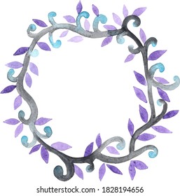 Purple and blue Halloween ivy wreath watercolor hand painting for decoration on autumn season, Christmas holiday and Thanksgiving event.