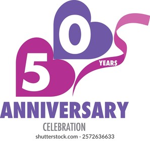 purple and blue heart shape number 50 white color and word years white color on purple ribbon and word anniversary celebration are at the bottom.