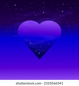 Purple and blue heart with stars. Starry sky background.