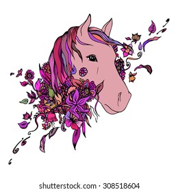 Purple and blue horse head isolated. Abstract vector horse head in the flowers. Print for t-shirt. Wild things.