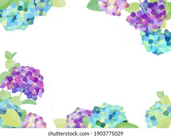 Purple and blue hydrangea flower frame on white background