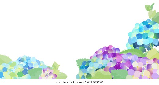 Purple and blue hydrangea flower frame on a white background