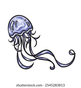 Purple blue jellyfish colorful illustration drawing isolated on square white background. Simple flat outlined cartoon art styled drawing.