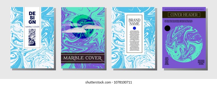 Purple Blue Marble Ink Texture Cover Collection. A4 Vector Liquid Paint Fashion Magazine Design. Ebru Ink Wash Hipster VIP Package Background. Futuristic Corporate Identity Marble Ink Texture Cover.