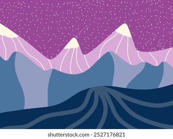 Montanhas roxas e azuis contra o céu estrelado. Paisagem de montanha. Ilustração vetorial