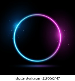 Purple and blue neon abstract sparkling round. Frame design. Glowing frame with magical dust. Vector illustration. EPS 10