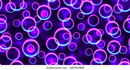 Purple And Blue Neon Cricles Futuristic Seamless Pattern. Glowing Blacklight. Floating Led Frames Abstract Background. Night Party Energy Backdrop. Mobile Screens Motion