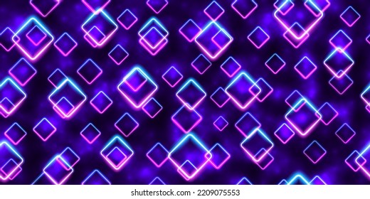 Purple And Blue Neon Diamonds Seamless Pattern. Glowing Blacklight. Floating Futuristic Led Frames Abstract Background. Night Party Energy Backdrop. Mobile Screens Motion