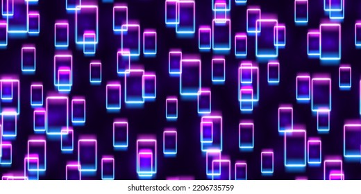 Purple And Blue Neon Futuristic Seamless Pattern. Glowing Blacklight. Floating Led Rectangular Frames Abstract Background. Night Party Energy Backdrop. Mobile Screens Motion