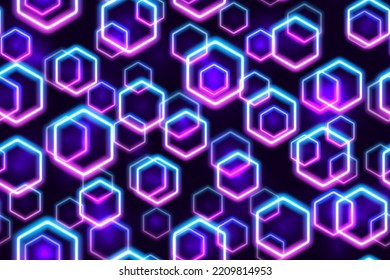 Purple And Blue Neon Hexagons Seamless Pattern. Glowing Blacklight. Futuristic Floating Led Frames Abstract Background. Night Party Energy Backdrop. Mobile Screens Motion