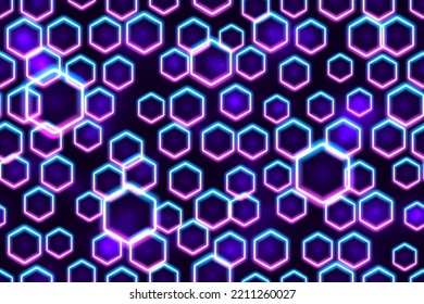 Purple And Blue Neon Hexagons Seamless Pattern. Glowing Blacklight. Futuristic Led Frames Abstract Background. Night Party Energy Backdrop. Mobile Screens Motion